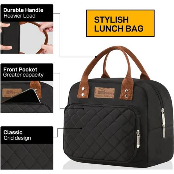 Insulated lunch bag tote with front pocket reusable cooler for work picnic trave - Picture 3 of 7